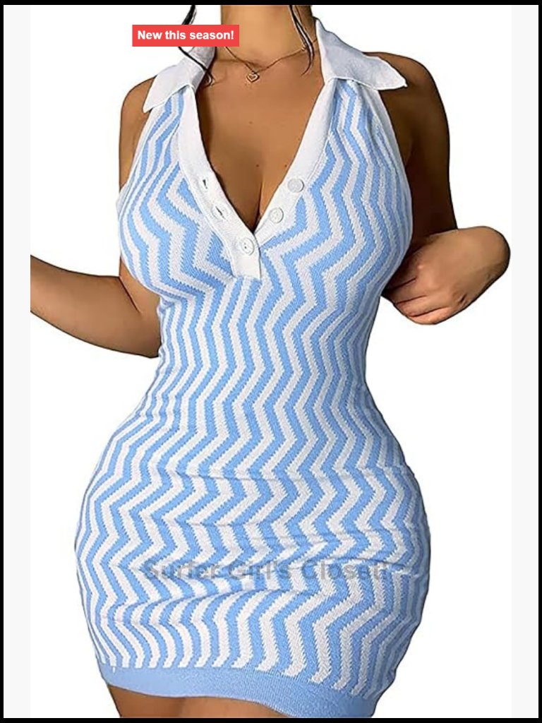 Women's Halter Mini Dress Bodycon V-Neck Backless Striped Sundress For Club